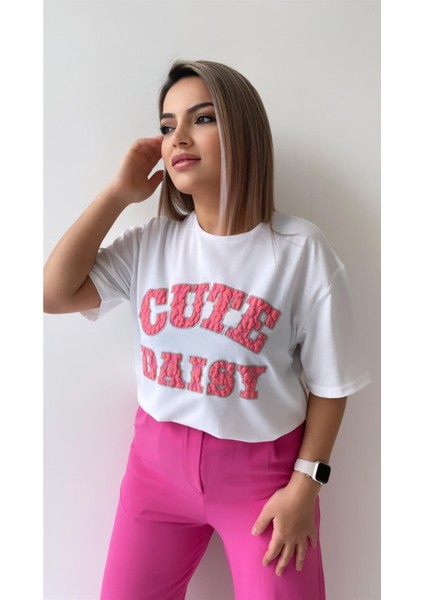 Kabartmalı Cute Daisy Tshirt Ekru Pembe