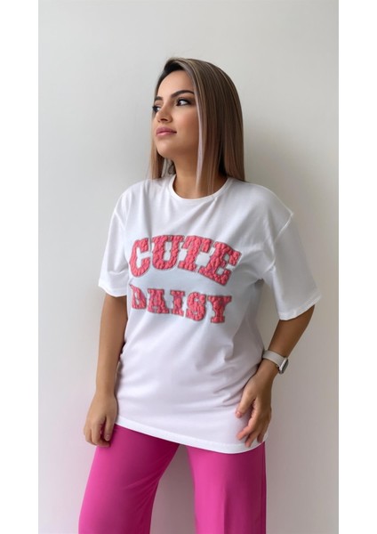 Kabartmalı Cute Daisy Tshirt Ekru Pembe