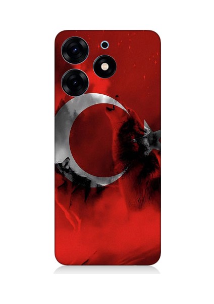 Tecno Spark 10 Pro Uyumlu Türk Bayrağı ve Kurt Desenli Silikon Kılıf