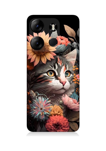 Tecno Spark Go 2023 Uyumlu Çiçekler ve Kül Gri Kedi Desenli Silikon Kılıf