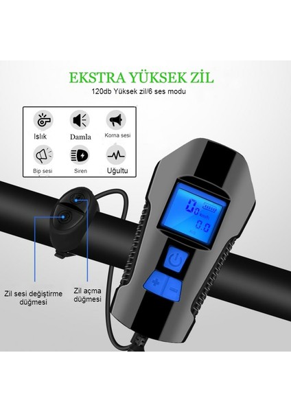 Bisiklet LCD Hız Göstergesi Su Geçirmez Şarjlı LED Işık Km Ekran Kronometre Bisiklet Kornası Feneri