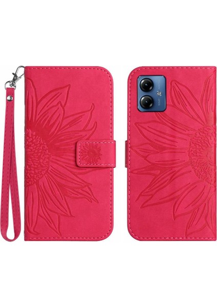 Motorola Moto G14 Kısa Kayış Lüks Pu Deri Kabartmalı Flip Case (Yurt Dışından)
