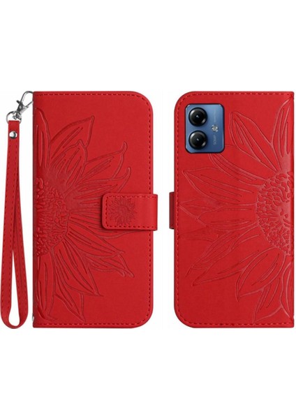 Motorola Moto G14 Kısa Kayış Lüks Pu Deri Kabartmalı Flip Case (Yurt Dışından)