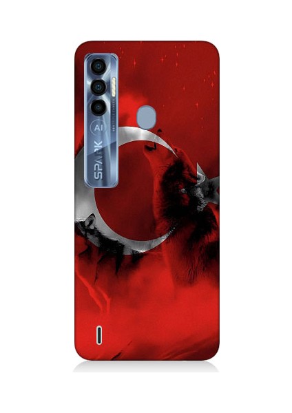 Tecno Spark 7 Pro Uyumlu Türk Bayrağı ve Kurt Desenli Silikon Kılıf