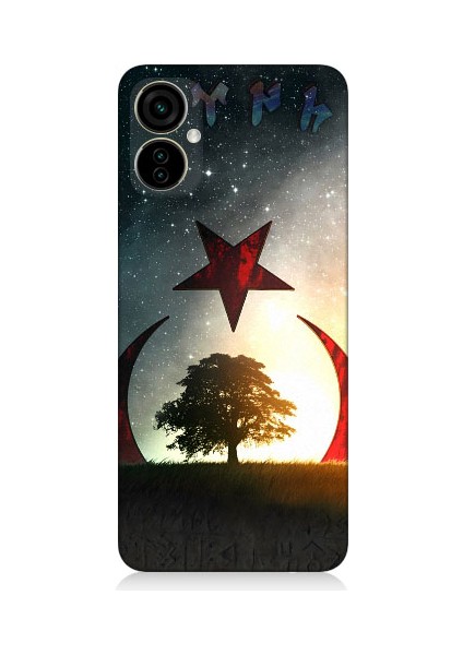 Tecno Spark 9 Pro Uyumlu Göktürkçe Türk ve Ağaç Bayrak Desenli Silikon Kılıf