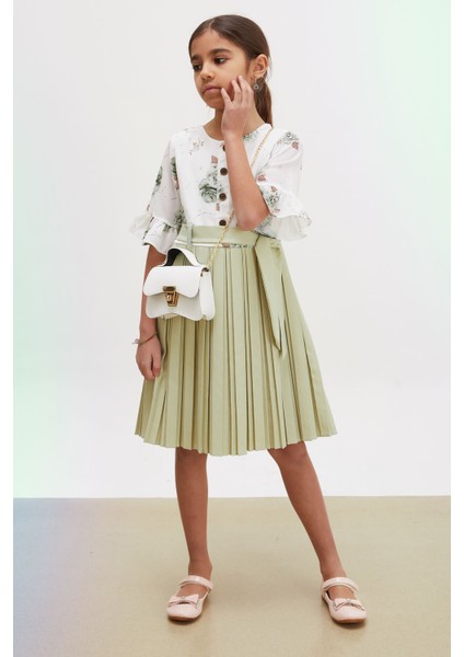 Yeşil Gül Desenli Kısa Kollu Çantalı Kız Çocuk Pileli Elbise 18191