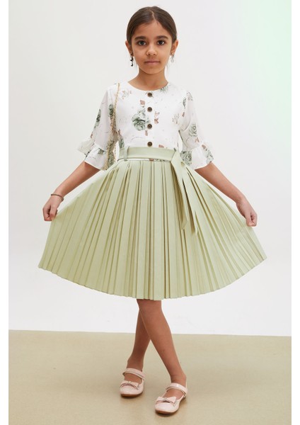 Yeşil Gül Desenli Kısa Kollu Çantalı Kız Çocuk Pileli Elbise 18191 fiyatları