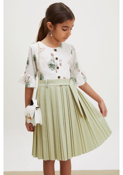 Yeşil Gül Desenli Kısa Kollu Çantalı Kız Çocuk Pileli Elbise 18191 modelleri