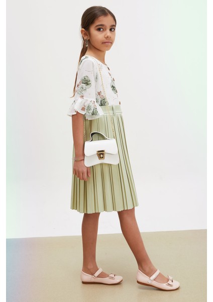 Yeşil Gül Desenli Kısa Kollu Çantalı Kız Çocuk Pileli Elbise 18191 fırsatları