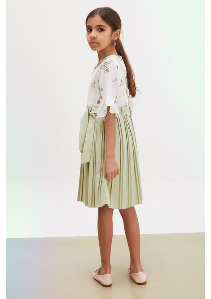 Yeşil Gül Desenli Kısa Kollu Çantalı Kız Çocuk Pileli Elbise 18191 indirimleri