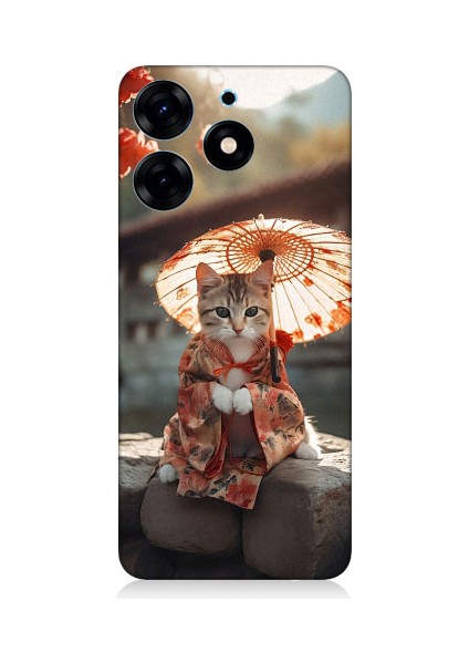 Tecno Spark 10 Pro Uyumlu Geyşa Kıyafetli Kedi Desenli Silikon Kılıf
