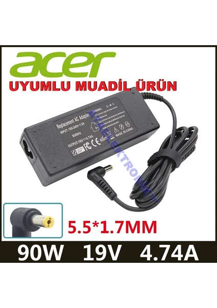 Ata Elektronik Acer Uyumlu Muadil Ürün Hipro HP-A0904A3 Adaptör Şarj 19V 4.74A 90W 19V 4.74A Dar Sarı Uç -5.5mm 1.7mm