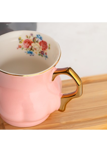 11607 2'li Gold Yaldızlı Porselen Mug Kupa Bardak - Kulplu Çay Kahve Bardağı Seti - 200 cc Gri-Pembe