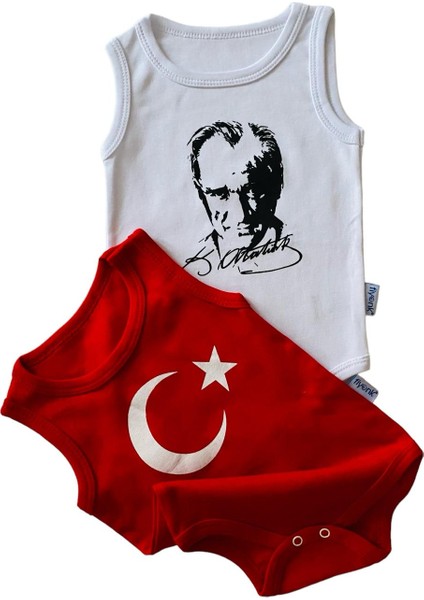 Atatürk Organik Baskılı Bebek Body %100 Pamuklu Ay Yıldız Beyaz/kırmızı Çıtçıtlı Body Zıbın 2 Adet