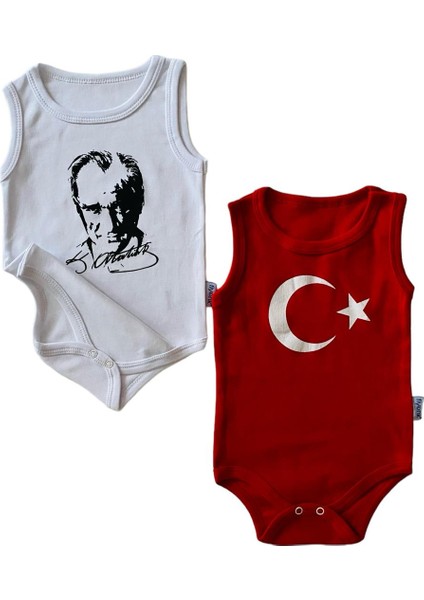 Atatürk Organik Baskılı Bebek Body %100 Pamuklu Ay Yıldız Beyaz/kırmızı Çıtçıtlı Body Zıbın 2 Adet