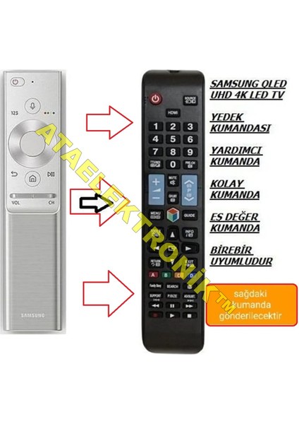 Samsung QLED Akıllı Beyaz- Siyah Air Modeller BN59-01300J BN59-01272A BN59-01311F BN59-01330C AU7000 , AU7100 AU7200 Yerine Tuşlu Klasik Model MZ1078
