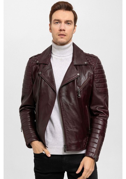 E1001 Bordo Biker Erkek Hakiki Deri Mont