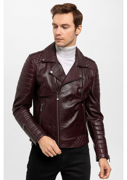 E1001 Bordo Biker Erkek Hakiki Deri Mont