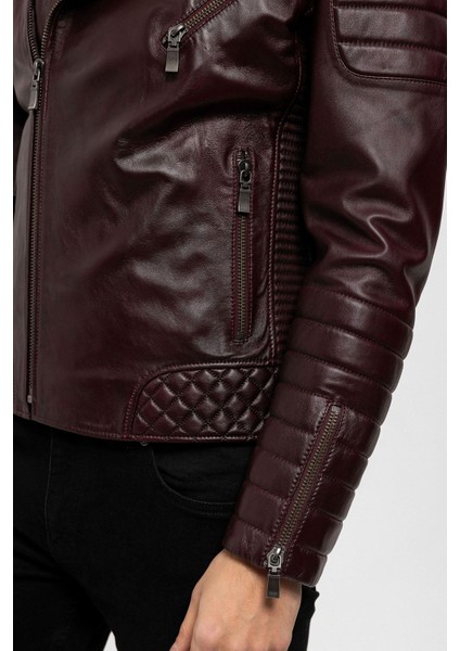 E1001 Bordo Biker Erkek Hakiki Deri Mont