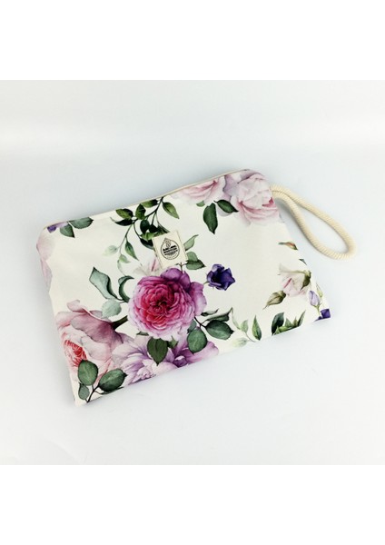 Woody Cord Pembe ve Mor Gül Desenli Su Geçirmez Makyaj Çantası - Clutch Çanta