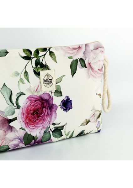 Woody Cord Pembe ve Mor Gül Desenli Su Geçirmez Makyaj Çantası - Clutch Çanta