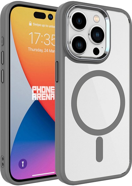 Apple iPhone Uyumlu 15 Pro Max Kılıf Wireless Şarj Özellikli Zore Krom Magsafe Silikon Kapak-Gri