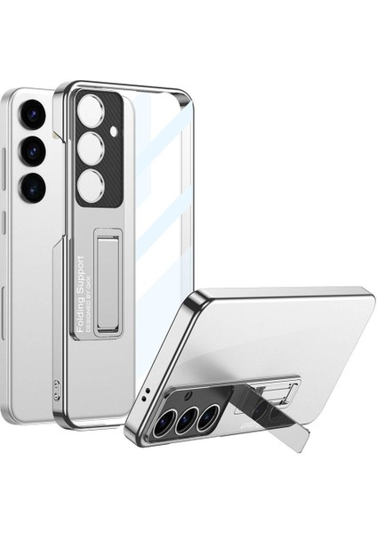 Samsung Galaxy Uyumlu S24 Kılıf Kamera Korumalı Şeffaf Tasarımlı Zore Standlı Kapak-Gümüş