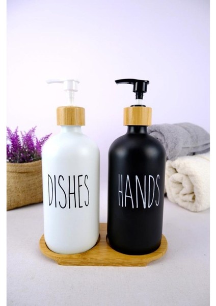 2’li Ahşap Standlı Cam Sıvı Sabun ve Bulaşık Deterjanı Şişesi Sabunluk 500 ml - E/6 C1-1-289