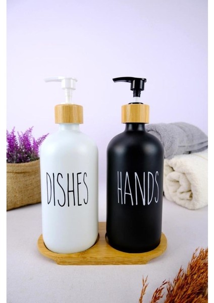 2’li Ahşap Standlı Cam Sıvı Sabun ve Bulaşık Deterjanı Şişesi Sabunluk 500 ml - E/6 C1-1-289