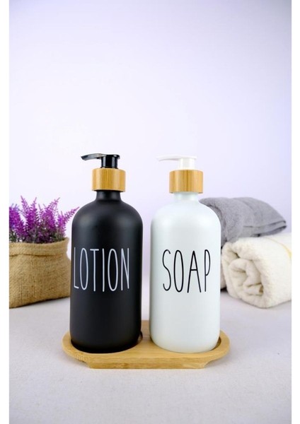 2’li Ahşap Standlı Cam Sıvı Sabun ve Losyon Şişesi Sabunluk 500 ml - E/6 C1-1-289