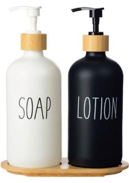 2’li Ahşap Standlı Cam Sıvı Sabun ve Losyon Şişesi Sabunluk 500 ml - E/6 C1-1-289