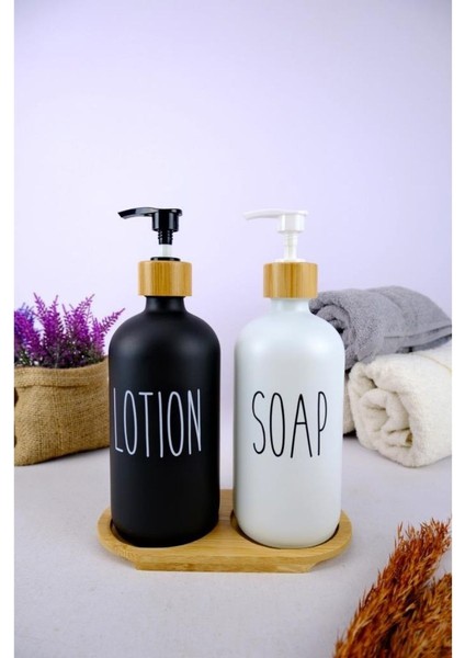 2’li Ahşap Standlı Cam Sıvı Sabun ve Losyon Şişesi Sabunluk 500 ml - E/6 C1-1-289