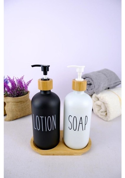 2’li Ahşap Standlı Cam Sıvı Sabun ve Losyon Şişesi Sabunluk 500 ml - E/6 C1-1-289