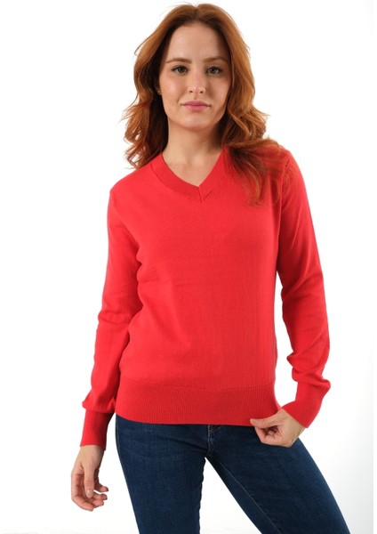 Kadın Kırmızı %100 Organik Pamuk V Yaka Triko Kazak Bluz TRIST-6102