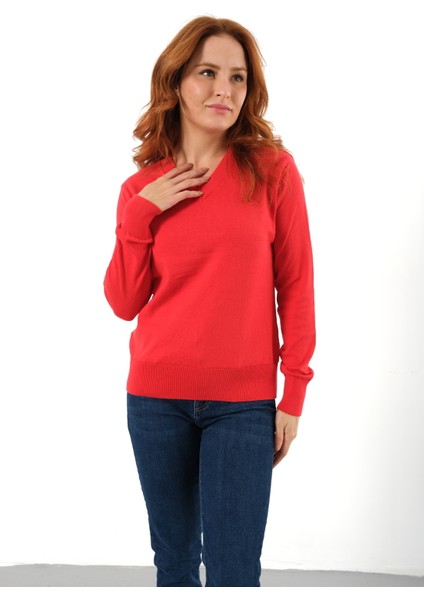 Kadın Kırmızı %100 Organik Pamuk V Yaka Triko Kazak Bluz TRIST-6102 fiyatları