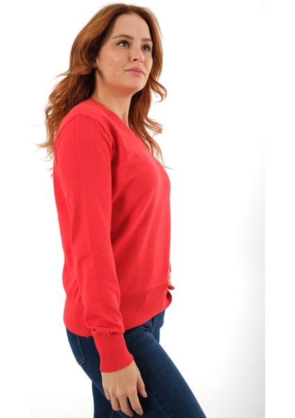 Kadın Kırmızı %100 Organik Pamuk V Yaka Triko Kazak Bluz TRIST-6102 modelleri