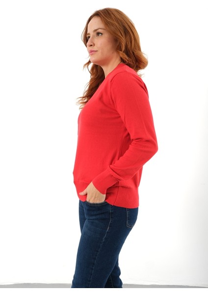 Kadın Kırmızı %100 Organik Pamuk V Yaka Triko Kazak Bluz TRIST-6102 indirimleri