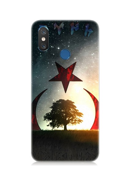 Xiaomi Mi 8 Uyumlu Göktürkçe Türk ve Ağaç Bayrak Desenli Silikon Kılıf