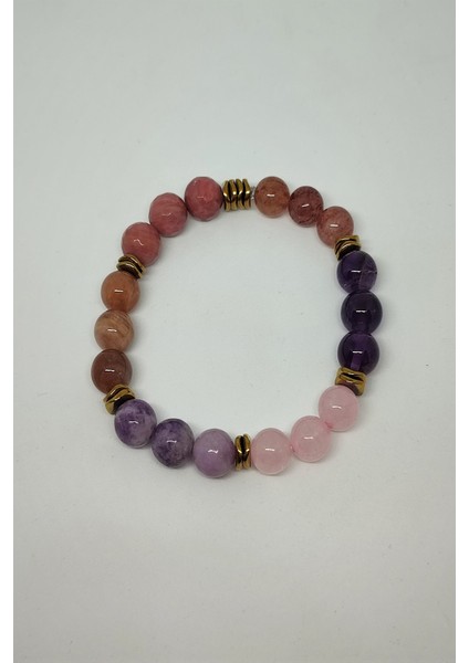 8 mm Rodonit, Pembe Kuvars, Lepidolit, Çilek Kuvars, Güneş Taşı, Ametist Doğaltaş Bileklik