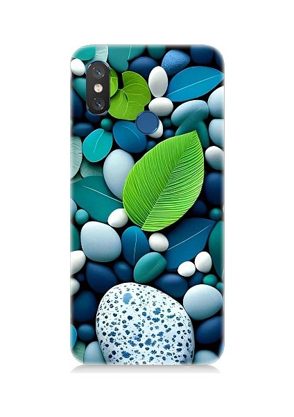 Xiaomi Mi 8 Uyumlu Mavi Turkuaz Taşlar ve Yeşil Yaprak Desenli Silikon Kılıf