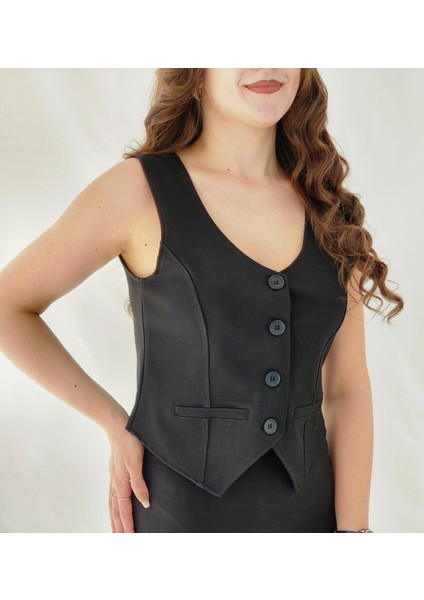 Siyah Düğmeli Sahte Cepli Dokuma Kumaş Yelek modelleri