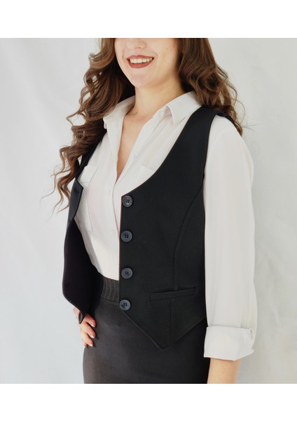 Siyah Düğmeli Sahte Cepli Dokuma Kumaş Yelek indirimleri
