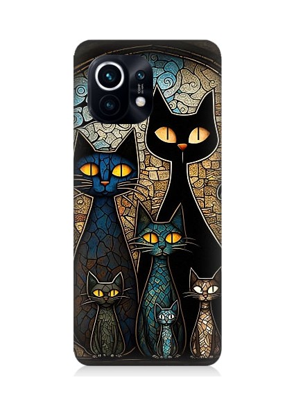 Xiaomi Mi 11 Uyumlu Vitray Kedi Ailesi Desenli Silikon Kılıf