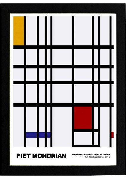 Piet Mondrian Yellow, Blue And Red 21 x 30CM - Beyaz Çerçeveli