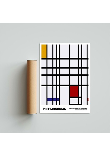 Piet Mondrian Yellow, Blue And Red 21 x 30CM - Beyaz Çerçeveli