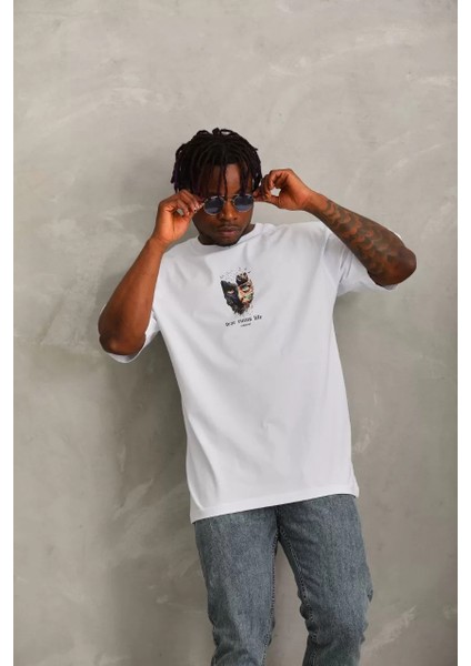 Oversize Baskılı Bisiklet Yaka T-Shirt - Beyaz indirimleri