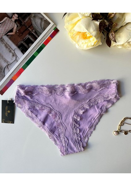Arlet Kadın Pamuklu Rahat Günlük Kullanım Dantelli Slip/külot (Lila-Gül Kurusu- Krem)