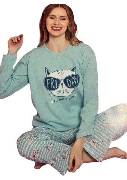 Kedi Baskılı Pijama Takımı Fıstık Yeşili