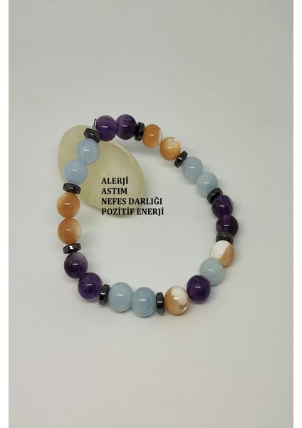 8 mm Sedef, Anjelit, Ametist, Hematit Doğaltaş Bileklik