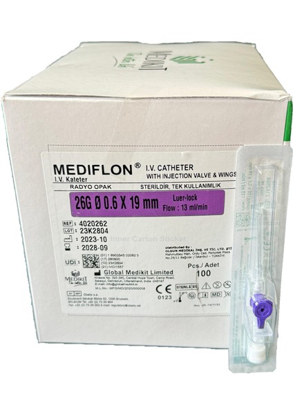 Mediflon - Mor Anjiokat 26G 0.6 x 25 mm 100 Adet